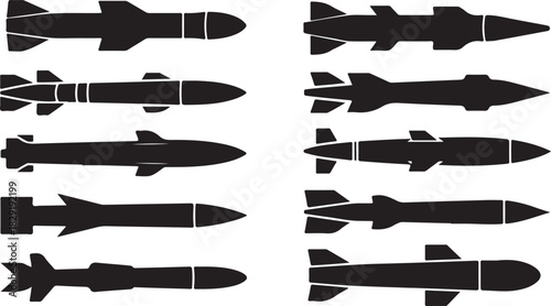 Set of various types of missiles different shapes and sizes in silhouette style
