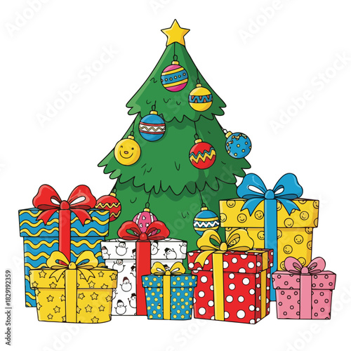 A colorful Christmas tree decorated with ornaments and presents wrapped in various patterns and ribbons, set against a white background. Perfect for holiday cards, festive advertisements,