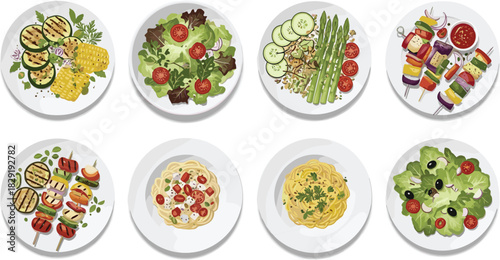 Vegetarian food plates, healthy meals, colorful vegetables, pasta dishes, grilled veggies, fresh salad, plant-based cuisine, nutritious ingredients, cherry tomatoes, zucchini slices