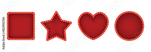 Set of retro red and gold illuminated marquee banners and frames with light bulbs for casino or theater signs