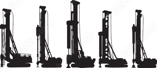 Silhouette of drilling rig industrial construction equipment for building foundation