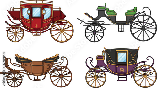 Vintage horse carriages, ornate coach, open-top buggy, historical transport, elegant wheels, ceremonial ride, classic design, antique vehicle, carriage illustration