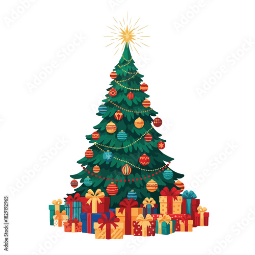 A colorful Christmas tree adorned with ornaments and presents on a white background. Perfect for holiday cards, festive decorations, and seasonal marketing materials.
