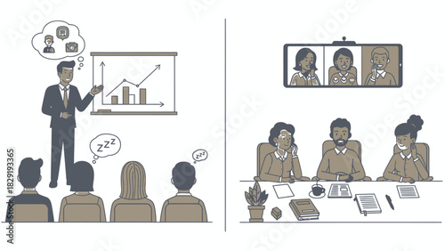 Office meeting contrast online face to face collaboration