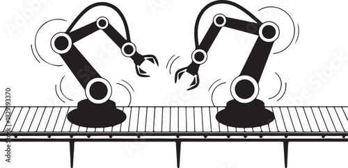 Two robotic arm manufacturing on conveyor belt line process industry automation
