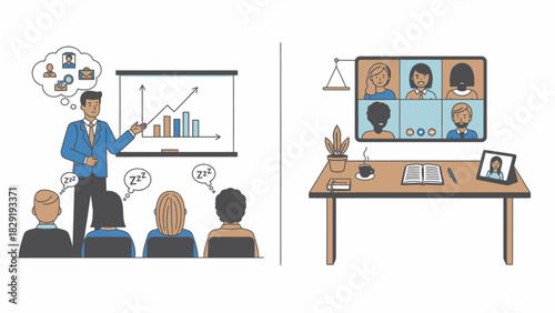 Business presentation versus remote virtual meeting comparison illustration