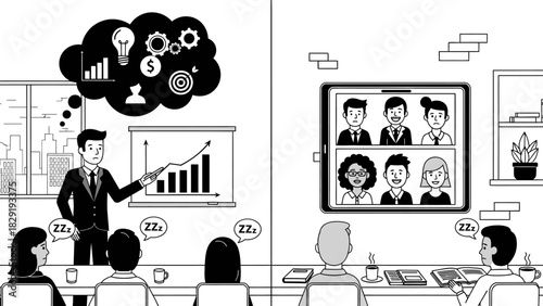 Monochrome Hybrid Work Meeting Presentation Chart Video Call Illustration
