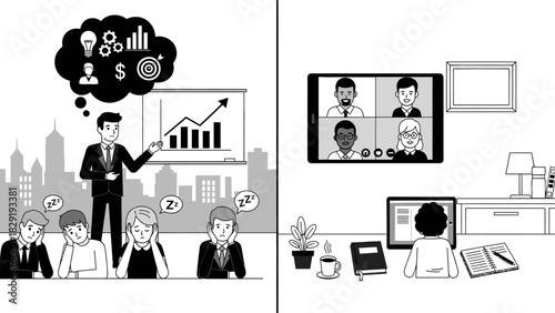 Boring presentation versus engaging online meeting cartoon illustration
