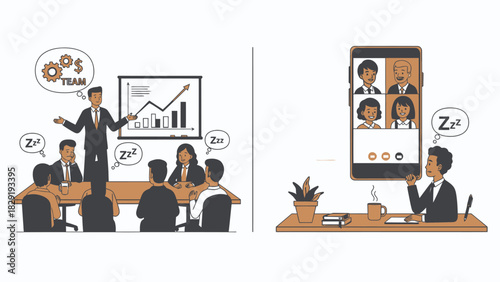 Boring meetings office versus virtual exhaustion concept