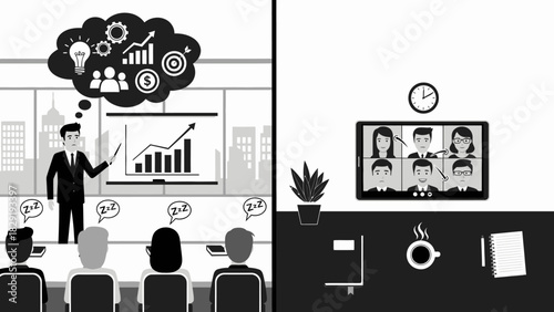 Diverging business strategies, from corporate presentation to remote video meeting