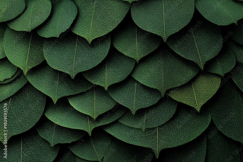 Obraz premium A close up abstract view of layered deep green leaves with intricate veining forming a pattern