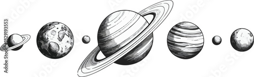 Row of planets from our solar system set of elements or symbols for education book
