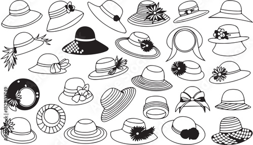 Collection of elegant women's hats in various styles outline on transparent background
