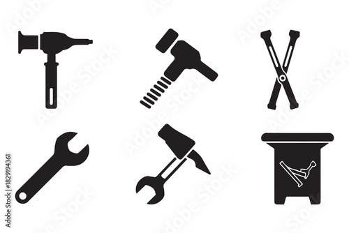  Collection of six black tool silhouettes including a hairdryer hammer wrench and more silhouette