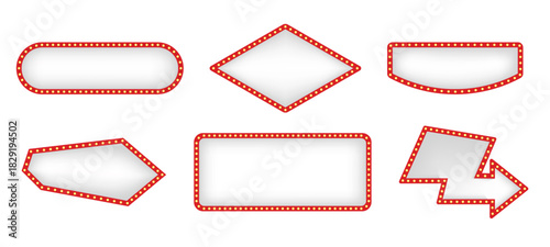 Set of retro white and red illuminated marquee arrows and signs with light bulbs for show business advertisement