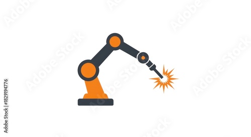 Illustration of an industrial robot arm welding with sparks.