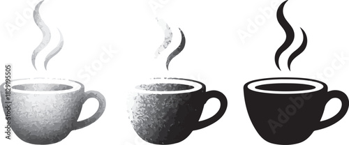 Three cups of steaming coffee on transparent checkered background, grayscale and black