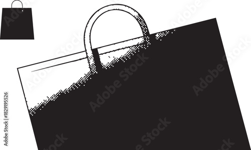 Black shopping bag with handles on transparent checkered background, large and small