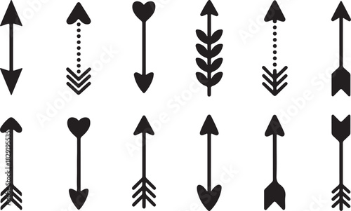 Collection of black arrows in various directions with hearts dotted lines feathers