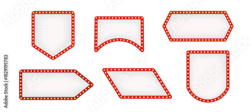 Set of retro white and red illuminated marquee arrows and signs with light bulbs for show business advertisement