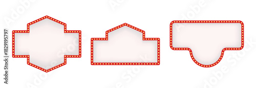 Set of retro white and red illuminated marquee arrows and signs with light bulbs for show business advertisement