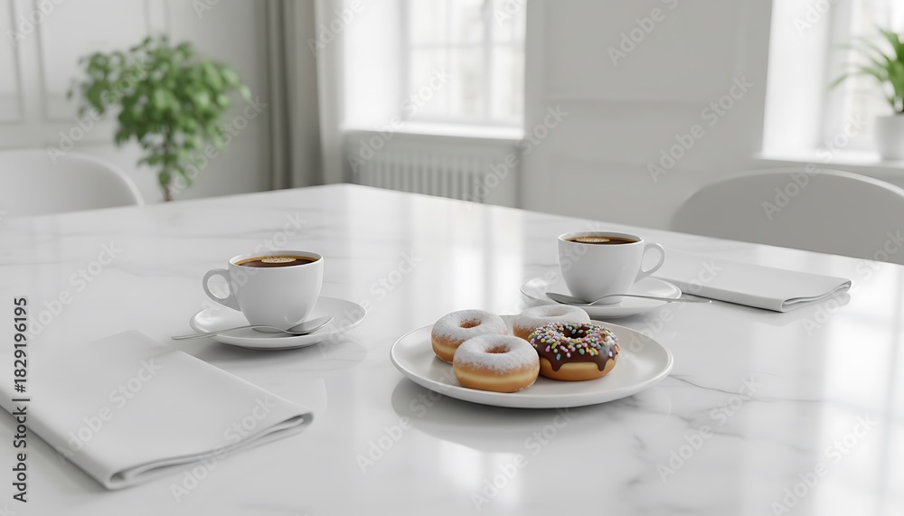 Fototapeta premium Elegant Dining Scene Espresso, Donuts, and Minimalist Table Setting for a Perfect Morning