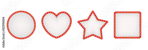 Set of retro white and red illuminated marquee arrows and signs with light bulbs for show business advertisement