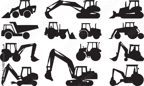 Set of construction vehicles and machinery silhouette collection for industry works