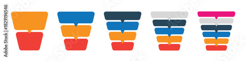 Set of colorful stacked funnel infographic templates for business process, stages, or data filtration visualization. 2, 3, 4, 5, and 6 steps.