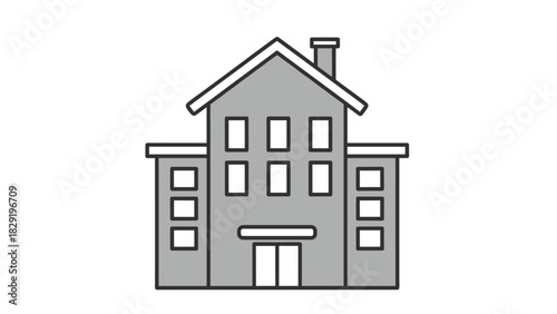 Stylized building icon for educational or municipal use showcasing simple architectural design in gray tones for versatile graphic applications, Generative AI.