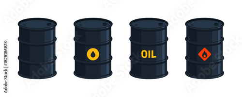 Set of oil barrels with industrial hazard symbols. Crude petroleum fuel, energy storage, and chemical safety concepts. Flat vector illustration isolated on white background
