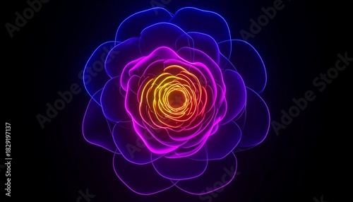 The Blooming Neon Flower. Neon Abstract. A conceptual abstract wallpaper. In the center of a dark space a single magnificent multi-layered flower is blooming.
