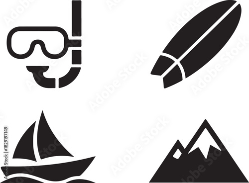 Various summer beach and water activity icons in simple black silhouettes