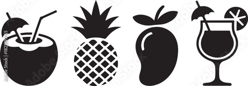Silhouette of tropical fruits and cocktails for summer beach theme drinks