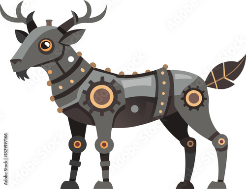 Steampunk deer mechanical creature with gears and rivets