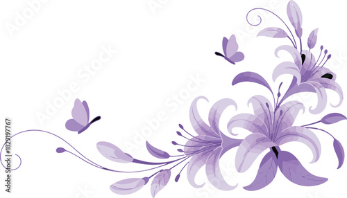Graceful lilacs lilies and butterflies floral frame on transparent background
