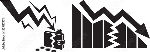 Financial crisis broken wallet with downward chart black color on transparent backdrop