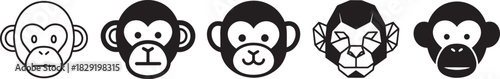 Collection of five stylized monkey face icons in black and white, featuring various design styles from outline to geometric Vector