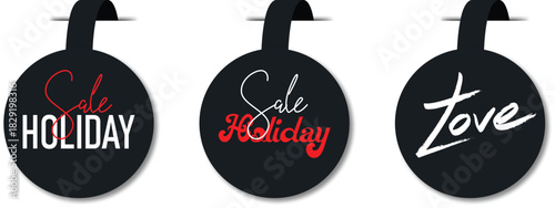 Black sale tags with holiday and love text displayed on white