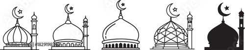 Collection of mosque domes and minarets with crescent moon and star symbols, representing islamic architecture and faith icons. Vector