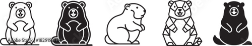 Diverse vector set of groundhog, marmot, and bear icons in multiple styles including outline and solid fill Vector