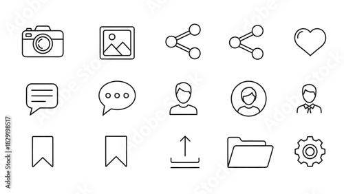 Set of essential user interface line art icons for web and mobile applications, featuring symbols for social media engagement and navigation