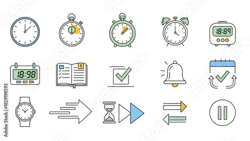 Collection of time-related icons including clocks, timers, calendars, hourglass, and scheduling symbols