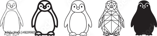 Set of five cartoon penguin icons with varying styles, including line art, geometric, and solid silhouette. Vector