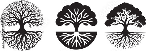 Collection of trees with roots and branches set for graphic design elements