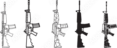 Collection of various styled assault rifle illustrations, including detailed line art, geometric, solid, and grunge textures on clean background. Vector