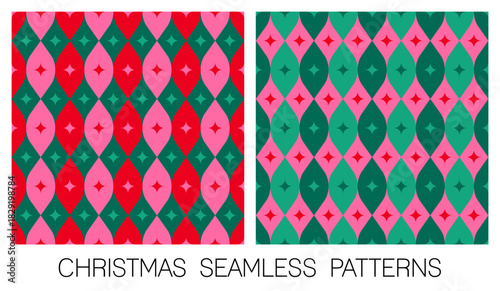 Set of red and green geometric elements seamless pattern design for christmas and new year background.