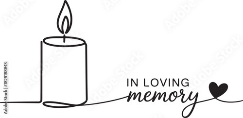 In loving memory sympathy candle memorial one line drawing with heart symbol