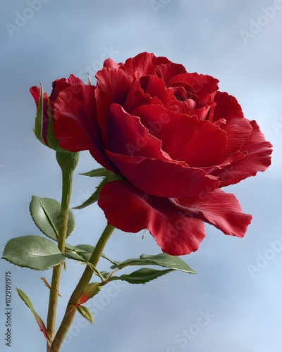 Beautiful Red Rose with Detailed Petals Against Soft Blue Background