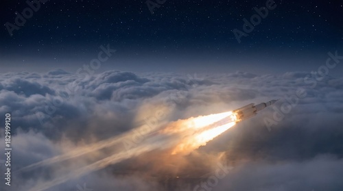 Fototapeta Naklejka Na Ścianę i Meble -  A rocket ship ascends through the clouds into the starry night sky